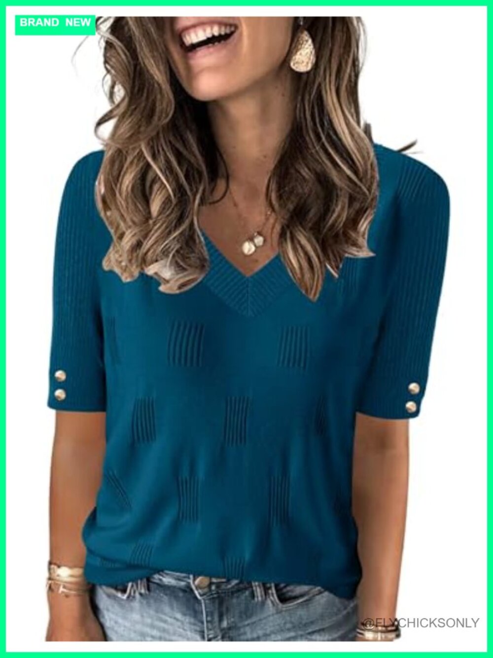 Womens V Neck Short Sleeve Knit Sweater 100% Viscose Lightweight Decorative